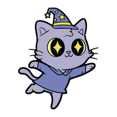 Mystic Cat: A charming cartoon cat, adorned with a wizard's hat, casts a spell of delight with its magical charm and sparkling eyes, inviting imagination and wonder.