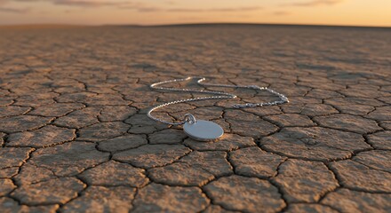 Silver pendant necklace resting on cracked dry earth at sunset