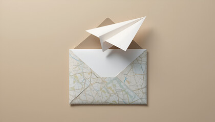 Paper airplane flying out of an open envelope with a map pattern