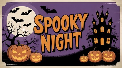 Spooky Night with Pumpkins and Haunted House Illustration