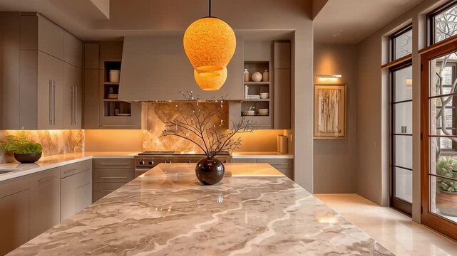 Modern kitchen marble countertop warm lighting glass cabinetry pendant lamp neutral color built stainless range backsplash island vase sleek design wood ceiling large windows stone wall natural light