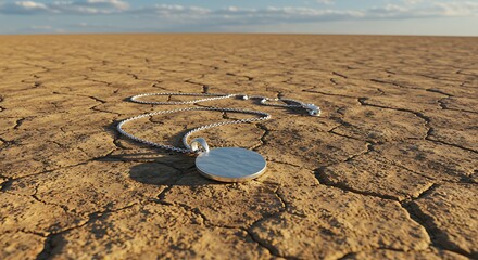 Silver pendant necklace resting on cracked dry earth under a cloudy sky