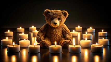 A plush brown teddy bear sits serenely amidst a circle of flickering candlelight, creating a poignant and comforting scene.