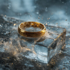 Golden ring frozen inside clear ice. Winter macro abstract for jewelry, luxury, and conceptual frozen design.