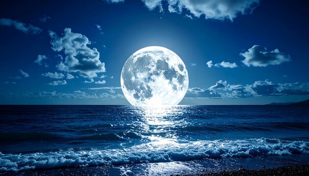 A full moon over a dark ocean at night. Vast, dramatic scene