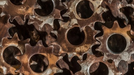 Abstract close-up of rusted gears showcasing intricate details and a weathered texture.