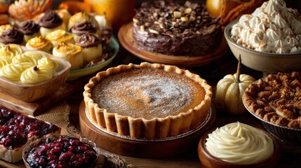 Bountiful Autumn Feast: A Rustic Table Laden with Pies, Cakes, and Holiday Desserts.