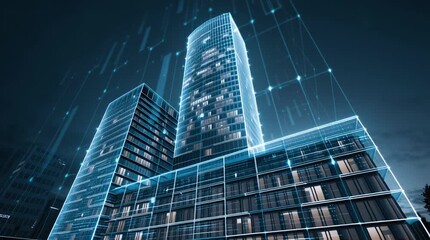 Modern glass skyscraper with digital holograms showing energy optimization in real time - Powered by Adobe