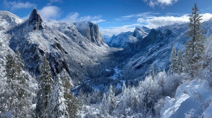 Breathtaking Winter Majesty: Yosemite Valley's Snow-Covered El Capitan, Half Dome, and Bridalveil Fall