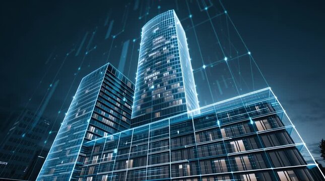 Modern glass skyscraper with digital holograms showing energy optimization in real time