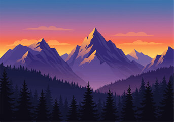 Obraz premium Majestic mountain range at sunset with a forest in the foreground, rendered in a stylized, vector art style with vibrant colors.