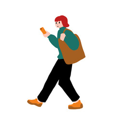 A young woman walking with a bag and smartphone hand drawn vector illustration