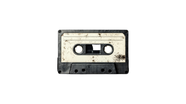 A vintage cassette tape, heavily soiled