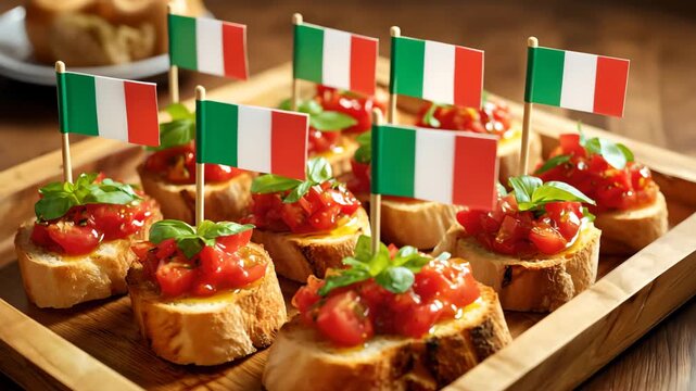 Italian bruschetta with fresh tomato and basil on toasted bread slices decorated with Italian flags, festive Mediterranean appetizer animation with dynamic light and natural movement