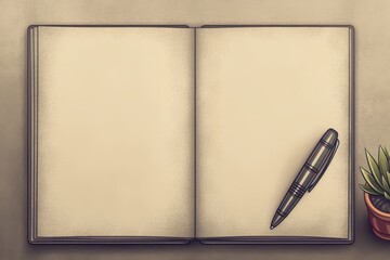 An open blank notebook with a pen beside it, set against a soft beige background. A small potted plant adds a touch of greenery.