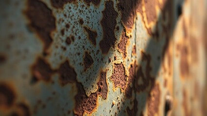 Close-up of oxidized steel surface with intricate rust patterns, showcasing metallic weathering details under directional light.