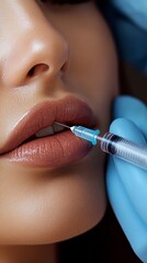 Close-up of a woman receiving a lip filler injection in aesthetic clinic  
