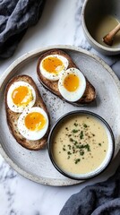 Soft and hard-boiled eggs on toast with honey and mustard served alongside creamy soup  