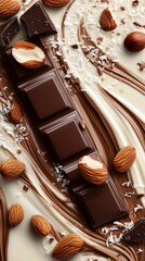 Chocolate bar with coconut and almonds on creamy background  