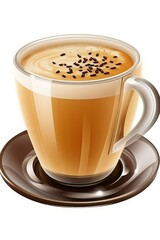 A beautifully crafted cup of coffee topped with sprinkled sesame seeds, served on a sleek brown saucer.