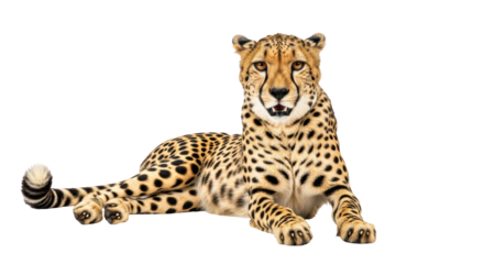 Isolated cheetah lying down and looking ahead with a calm expression in the daytime