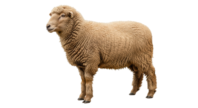 Isolated sheep with a thick coat of wool standing in profile for advertising use