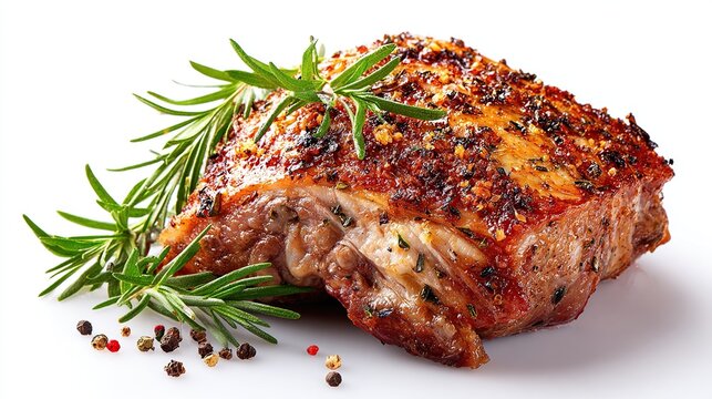 Grilled pork chop, garnished with fresh rosemary and colorful peppercorns, on white