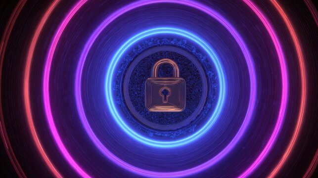 Glowing Padlock Icon Surrounded by Concentric Neon Rings in Cyberpunk Style.