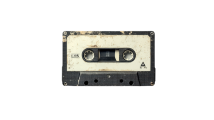 A vintage audio cassette tape, showing signs of age and use. The tape is black with a white center and displays visible dirt and grime