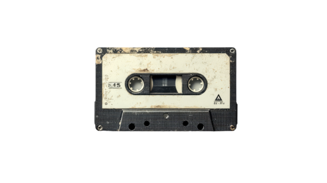 A vintage audio cassette tape, showing signs of age and use. The tape is black with a white center and displays visible dirt and grime