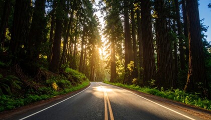 Sunlight streams through a redwood forest road
