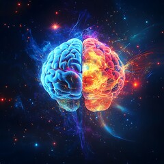 Fototapeta premium Abstract representation of the human brain with contrasting blue and red hemispheres against a cosmic background