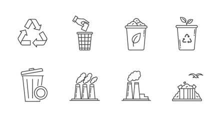 Recycling and waste management line icons, including recycling symbol, trash can, compost bin, and industrial pollution.