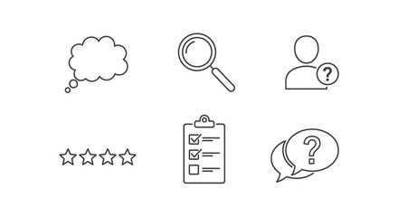 A collection of six simple line-art icons representing common concepts like thought, search, user queries, ratings, checklists, and questions.