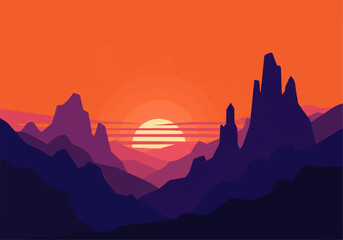 A stylized, vector illustration of a sunset over a mountainous landscape with layered purple and blue mountains and an orange sky.