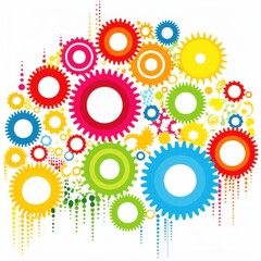A vibrant arrangement of colorful gears, showcasing a blend of red, green, blue, and yellow in an energetic design.