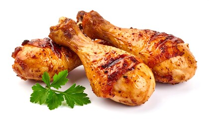 Three golden-brown roasted chicken drumsticks, garnished with parsley