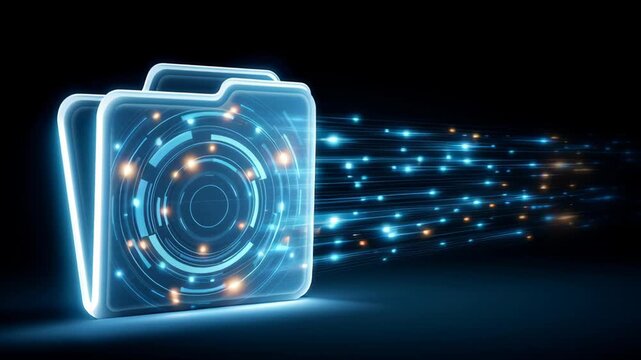 Glowing digital folder with streaming data, futuristic glowing interface and circular HUD for high speed data transfer, network connectivity