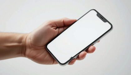 Prompt: Close-up hand holding modern smartphone with blank white screen, isolated on clean white background