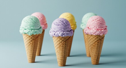 Pastel Ice Cream Cones on Light Blue Background
