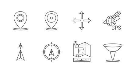 A collection of eight monochrome line icons representing navigation, mapping, and location concepts like GPS, compass, and map pins. © Sultan Desain