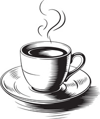 Steaming Coffee Cup with Saucer in Classic Engraving Style