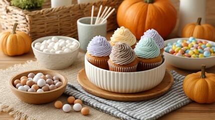 Colorful frosted cupcakes and halloween candy in autumn setting