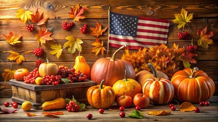 Autumn harvest with pumpkins, berries, and american flag