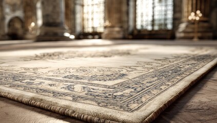 Antique carpet in a cathedral.  Soft light streams through stained glass windows