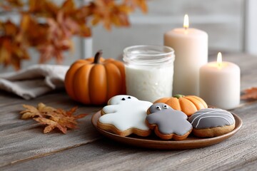 Halloween-themed cookies on wooden table with pumpkins and candles