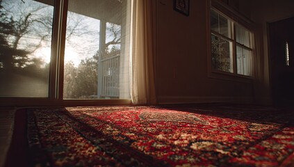 Sunlight streams through a sliding glass door onto a patterned rug in a home
