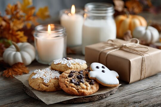 Autumn-themed cookies and candles with wrapped gift on rustic table