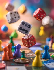 Colorful dice and game pieces in mid-air