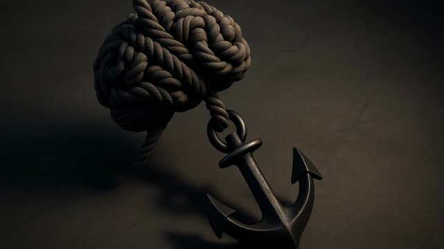 Artistic Composition of Black Rope and Sturdy Anchor Nautical Design Showcasing Strength, Stability, and Intricate Texture in Marine Aesthetics